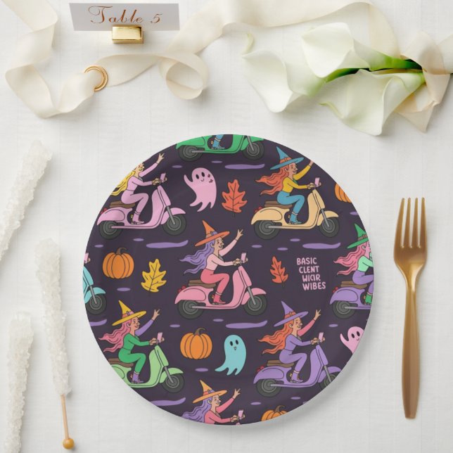 Sassy Witch Moped Pattern –Cute Pastel Witches  Paper Plates (Wedding)