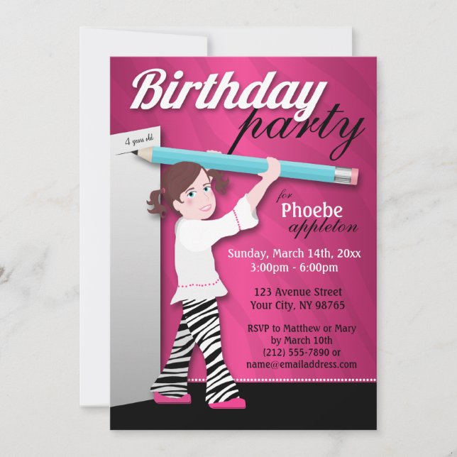 Sassy Zebra Print Girl Birthday Party Invitations (Front)