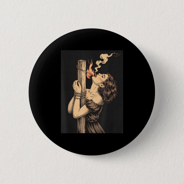 Satan Devil Hell Witch With Flames Cigarette Occul Button (Front)