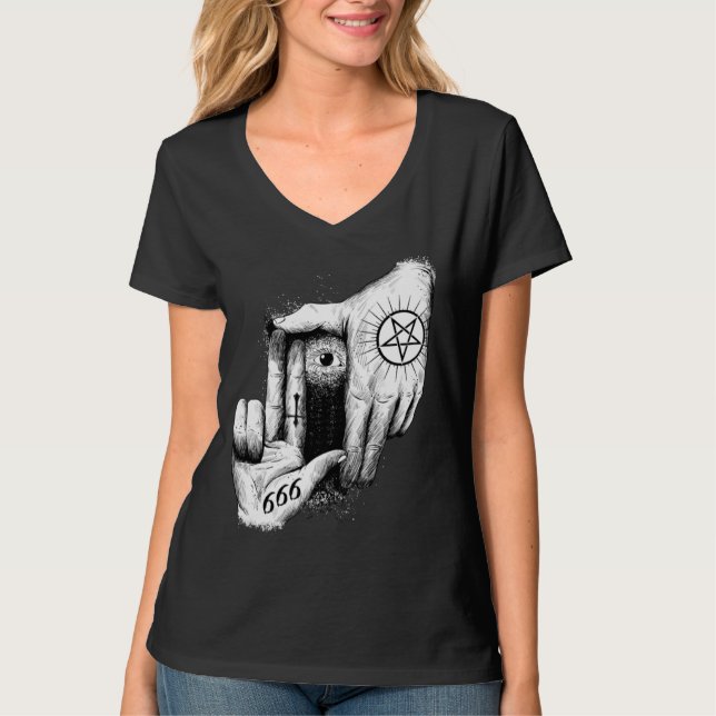 Satan is Watching you 666 Occult Baphomet Goat Sat T-Shirt (Front)