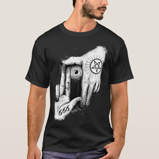 Satan is Watching you 666 Occult Baphomet Goat Sat T-Shirt (Front)