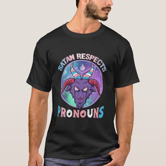Satan Respects Pronouns Transgender Trans Flag T-Shirt (Front)