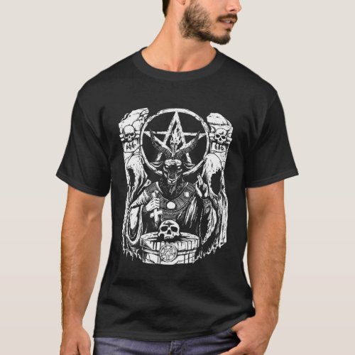 Satanic Devil with Skull Occult 666 Goat Pentagram T_Shirt