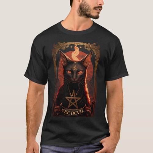 Satanic Pentagram Mystic Cat Tarot Card Devil Taro T_Shirt
