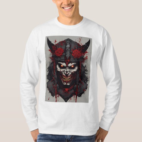 Satanic symbols angry zombie samurai face crow T_Shirt