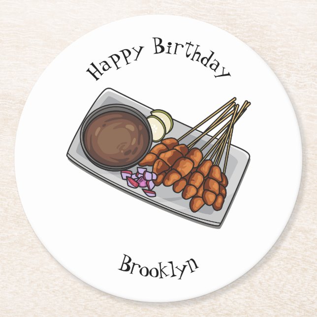 Satay cartoon illustration round paper coaster (Front)