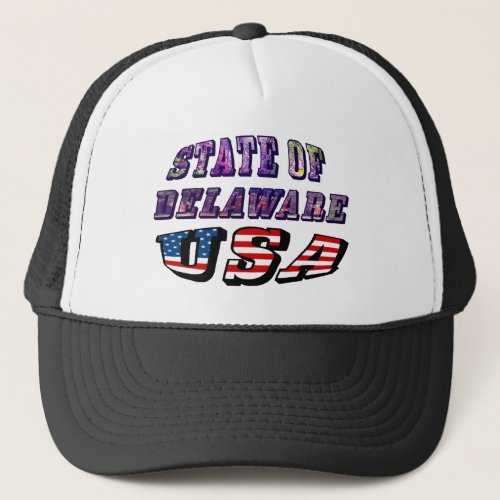 Sate of Delaware Picture and USA Flag Text Trucker Hat