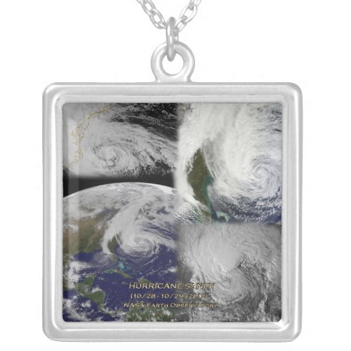 Satellite Collage View of Hurricane Sandy Silver Plated Necklace