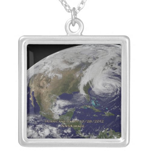 Satellite View of Hurricane Sandy Silver Plated Necklace