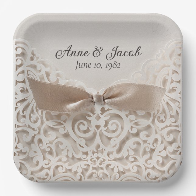 Satin Bow On Lace for Anniversary Paper Plates (Front)