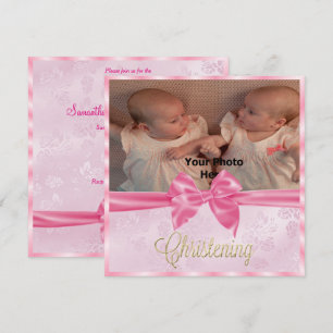 Satin Bow Photo twin Girl's Christening Invitation