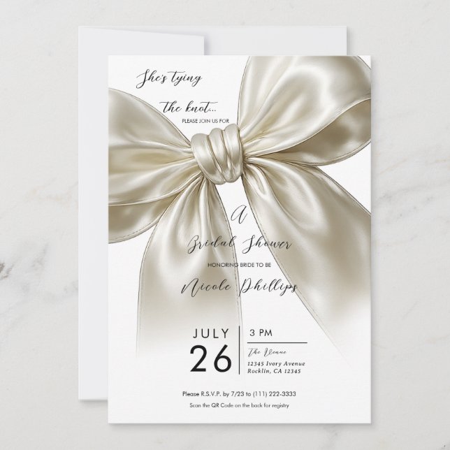 Satin Bow Tying The Knot Posh Bridal Shower  Invitation (Front)