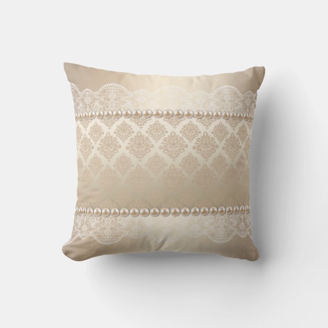 Satin Damask taupe beige white pearls lace Throw Pillow (Front)
