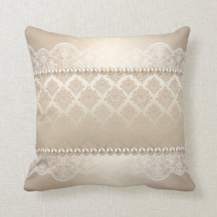 Satin Damask taupe beige white pearls lace Throw Pillow
