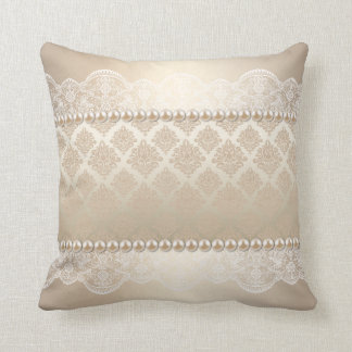 Satin Damask taupe beige white pearls lace Throw Pillow