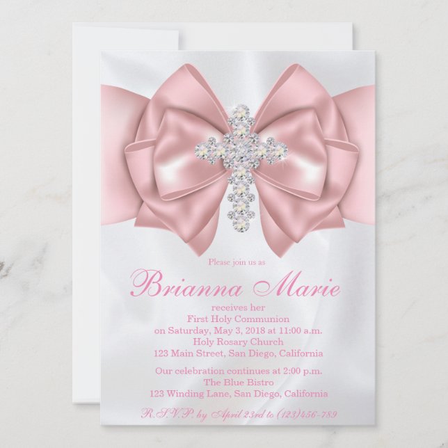 Satin Diamond Cross First Communion Invitation (Front)