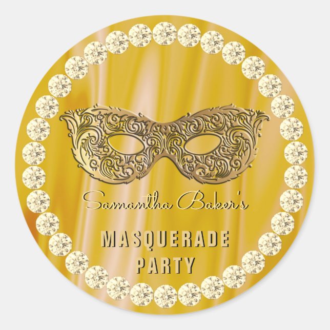 Satin Diamonds Gold Masquerade Party Glam Birthday Classic Round Sticker (Front)