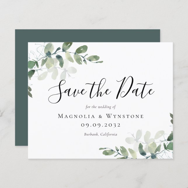 SATIN Eucalyptus Watercolor Wedding Save The Date (Front/Back)