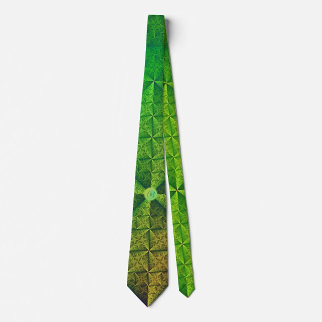 Satin green pattern w monogram  neck tie (Front)