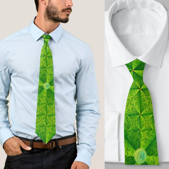 Satin green pattern w monogram  neck tie (Creator Uploaded)