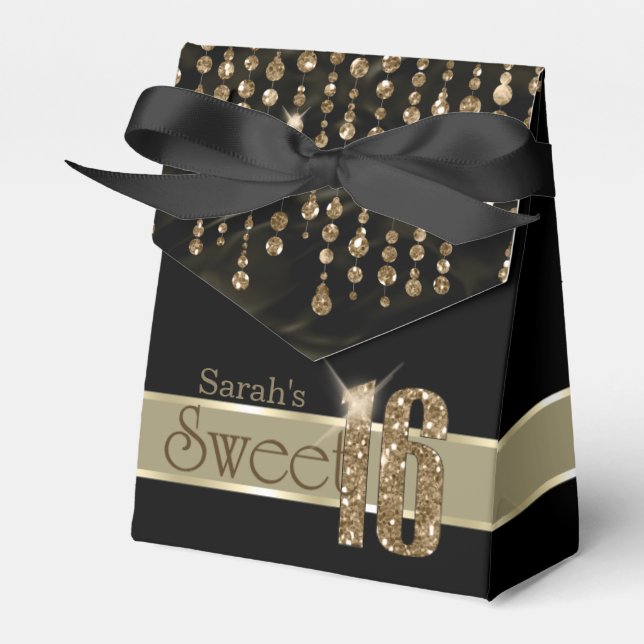 Satin Jewel Sweet Sixteen Black Gold ID260 Favor Boxes (Front Side)