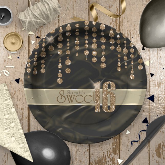 Satin Jewel Sweet Sixteen Black Gold ID260 Paper Plates (Creator Uploaded)