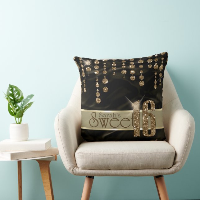 Satin Jewel Sweet Sixteen Black Gold ID260 Throw Pillow (Chair)
