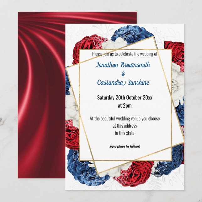 SATIN MODERN RED BLUE GREY FLORAL WEDDING WHITE INVITATION (Front/Back)
