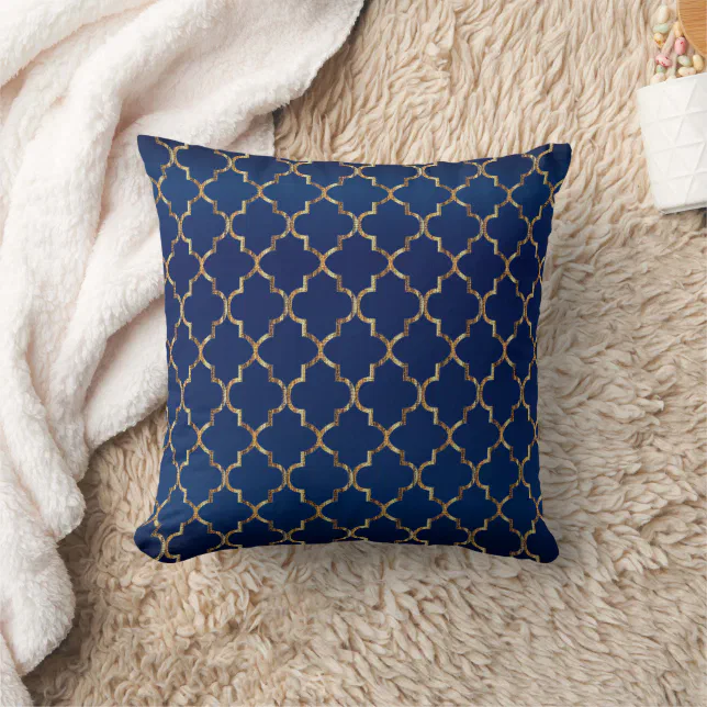 Satin Navy Blue & Gold Quatrefoil Pattern Throw Pillow Zazzle