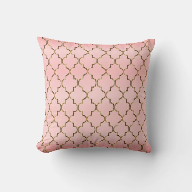 Satin Pink & Gold Quatrefoil Pattern Throw Pillow (Front)