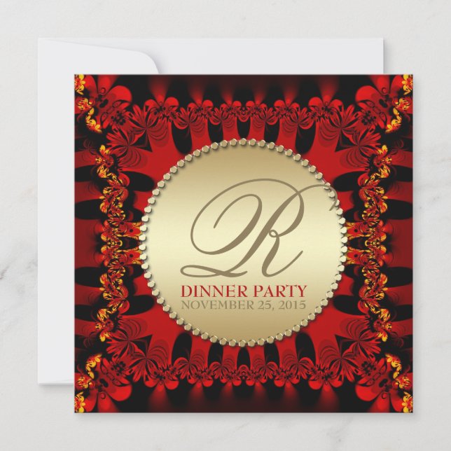 Satin Red Frills Gold Dinner Party Invitations (Front)
