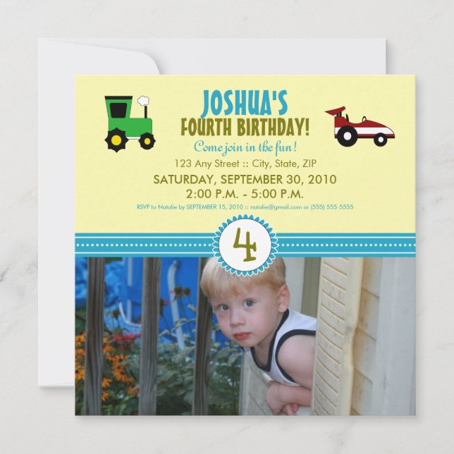 Satin Ribbon Tractor Birthday Party Invite (lemon) (Front)