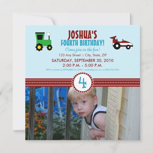 Satin Ribbon Tractor Birthday Party Invite (red) (Front)