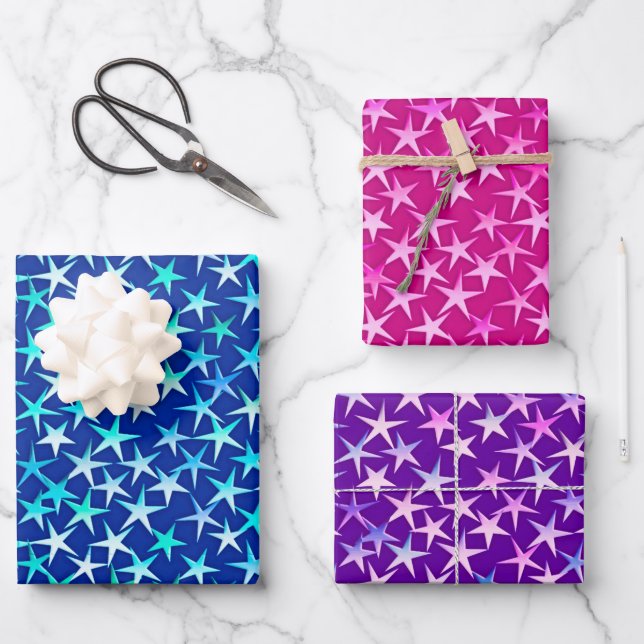 Satin Stars, Deep Blue, Fuchsia Pink and Purple  Wrapping Paper Sheets (Front)