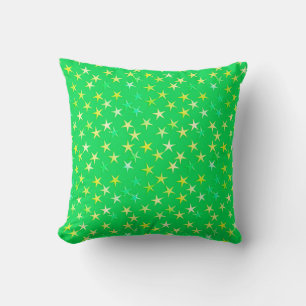 Satin stars, green and yellow on lime green throw pillow