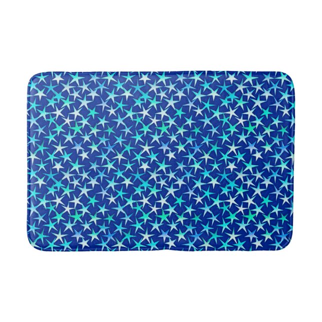 Satin stars, pale blue on cobalt bathroom mat (Front)