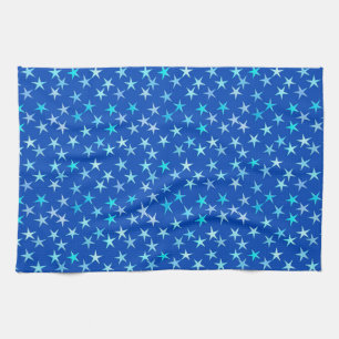 Satin stars, pale blue on cobalt kitchen towel