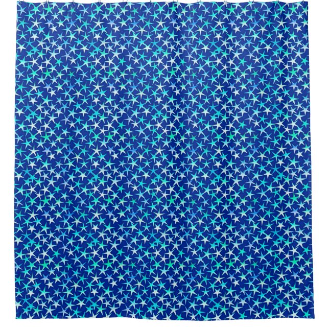 Satin stars, pale blue on cobalt shower curtain (Front)