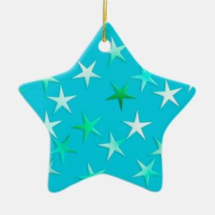 Satin stars, pale green and blue on turquoise ceramic ornament