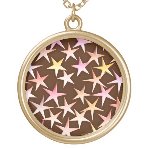 Satin stars pink on chocolate gold plated necklace