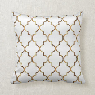 Satin White & Gold Quatrefoil Pattern Throw Pillow