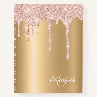 Satiny Gold - Pink Glitter Drips Monogrammed Notebook