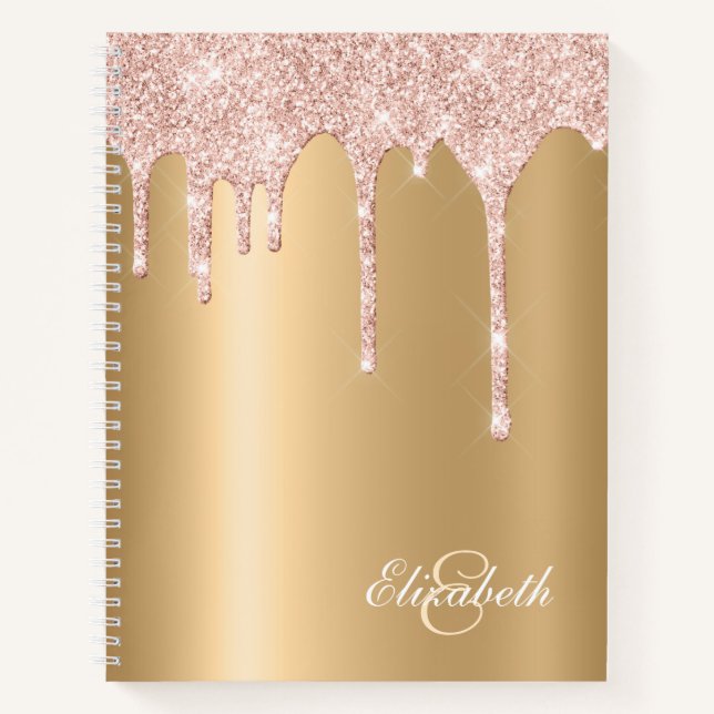 Satiny Gold - Pink Glitter Drips Monogrammed Notebook (Front)