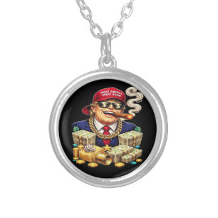 Satirical MAGA Billionaire Cartoon — Retro Pop Art Silver Plated Necklace