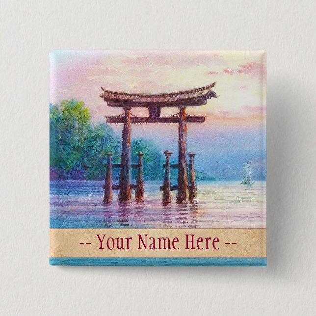 Satta Miyajima Torii and Sailboats japanese art Pinback Button (Front)