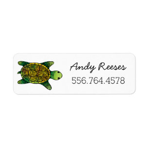 Saturated Green Watercolor Ink Drawn Turtle Label