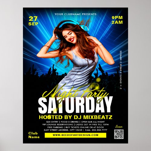 Saturday Night Party Girl Dancing Club Event Poster