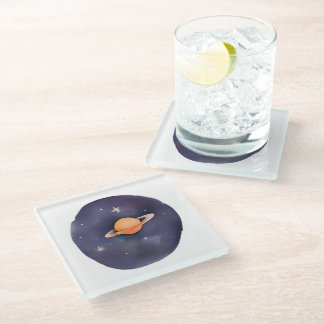 Saturn’s Serenade: Cosmic Watercolor Glass Coaster