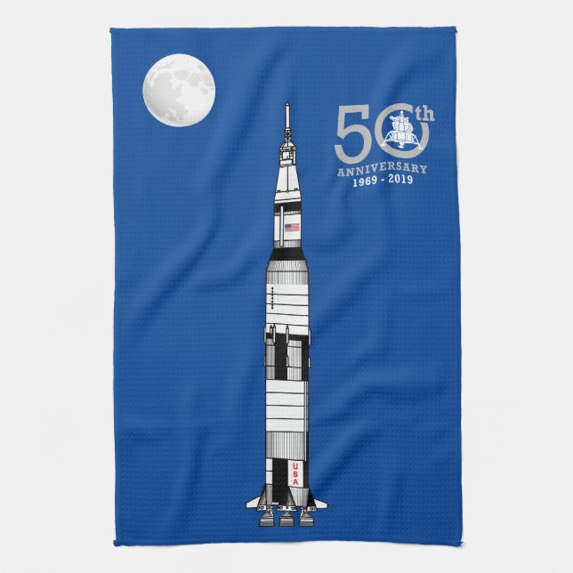 Saturn V rocket, Apollo 11 Moon Landing and Moon: Kitchen Towel (Vertical)