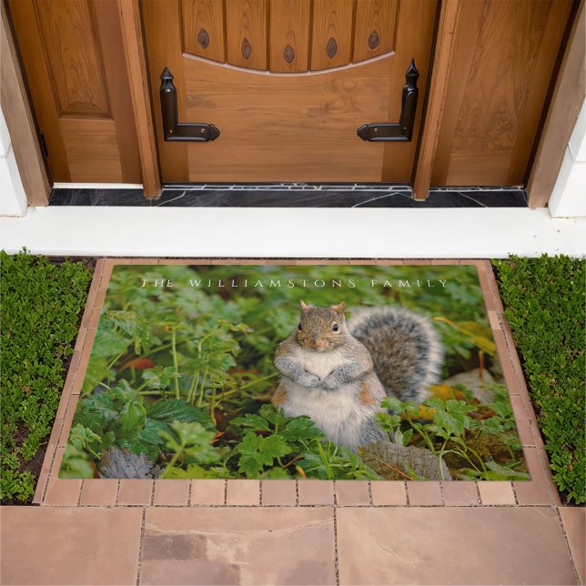 Saucy Cute Squirrel Could You Spare a Peanut? Doormat (Outdoor)